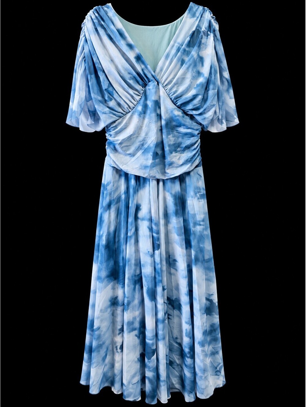 SHEIN XL Blue and White Tie-Dye Maxi Dress with Draped Sleeves